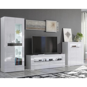 Furneo High Gloss & Matt White Living Room Set TV Stand Sideboard Display Cabinet White LED Lights
