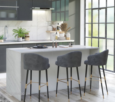 Furneo Kitchen Island Modern Breakfast Bar Cupboard White Marble Grey Stone Effect KI06
