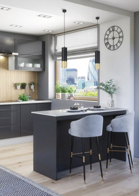 Furneo Kitchen Island Modern Breakfast Bar Shelves Graphite