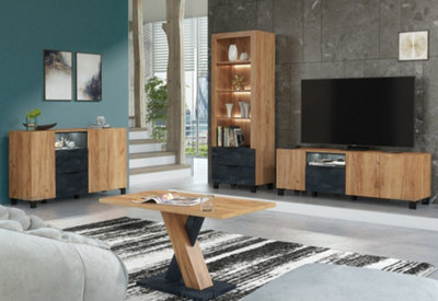 Furneo Living Room Set TV Stand Display Cabinet Sideboard Coffee Table Oak & Black Concrete Effect White LED Lights Enzo 2/4/6/8