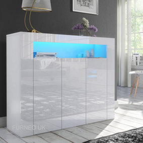 Furneo Matt & High Gloss White 3-door Sideboard Cabinet Cupboard Unit Clifton04 Blue LED Lights