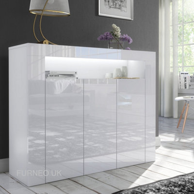 Furneo Matt & High Gloss White 3-door Sideboard Cabinet Cupboard Unit Clifton04 White LED Lights