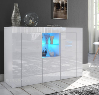 Furneo Matt & High Gloss White Cabinet Cupboard Sideboard Unit Clifton05 Blue LED Light