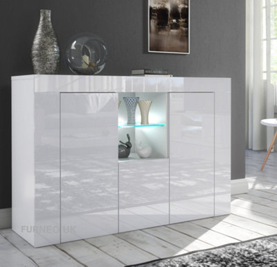 Furneo Matt & High Gloss White Cabinet Cupboard Sideboard Unit Clifton05 White LED Light