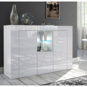 Furneo Matt & High Gloss White Cabinet Cupboard Sideboard Unit Clifton05 White LED Light