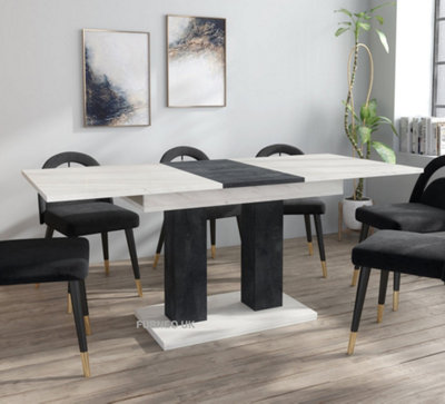 Furneo Modern Dining Table Extendable 140-180cm White Marble & Black Concrete Effect Theo 05