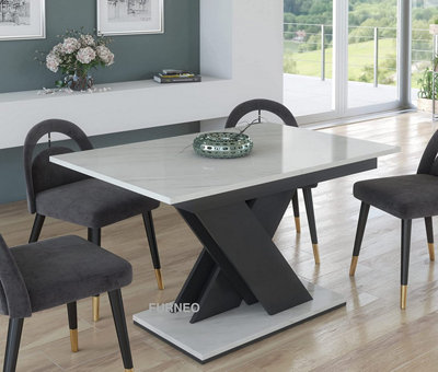 Furneo Modern Dining Table Only Extendable 120-160cm White Marble Effect Tavolo 01 MDF