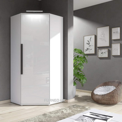 Furneo Modern White High Gloss & Matt Corner Wardrobe Bedroom Closet Sotrage With LED Light Clifton 14