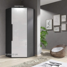 Furneo Modern White High Gloss & Matt Graphite Corner Wardrobe Bedroom Closet Storage With LED Light Clifton 14G