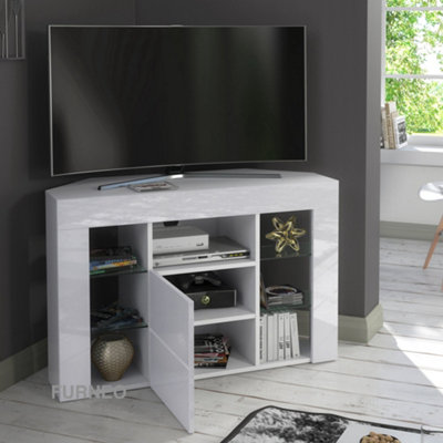 Furneo Venico 02 White Corner TV Stand 100cm Matt & High Gloss