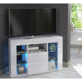Furneo Venico02 White Corner TV Stand 100cm Matt & High Gloss Blue LED Lights