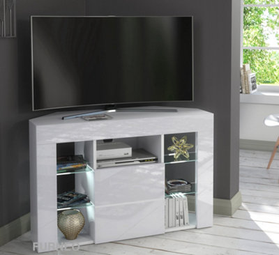 Furneo Venico02 White Corner TV Stand 100cm Matt & High Gloss White LED Lights