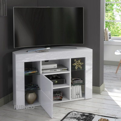 Furneo Venico02 White Corner TV Stand 100cm Matt & High Gloss White LED Lights
