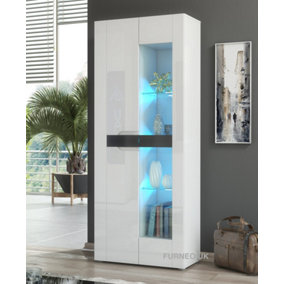 Furneo White 2-Door Display Cabinet Cupboard Matt & High Gloss Milano08 Blue LED Lights