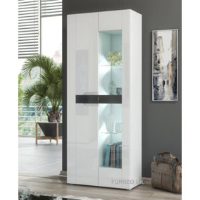 Furneo White 2-Door Display Cabinet Cupboard Matt & High Gloss Milano08 White LED Lights