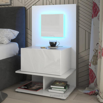Furneo White Bedside Table Cabinet Nightstand With Drawer & Shelf Matt & High Gloss Clifton 16 With Blue LED Lights