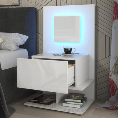 Furneo White Bedside Table Cabinet Nightstand With Drawer & Shelf Matt & High Gloss Clifton 16 With Blue LED Lights