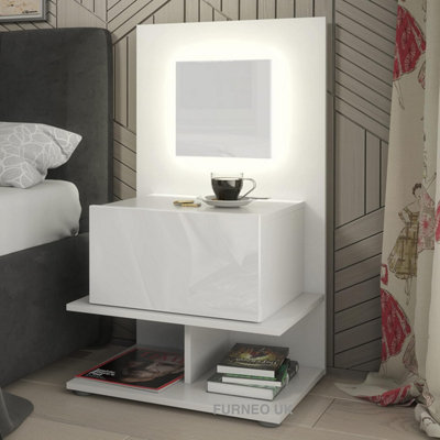Furneo White Bedside Table Cabinet Nightstand With Drawer & Shelf Matt & High Gloss Clifton 16 With White LED Lights