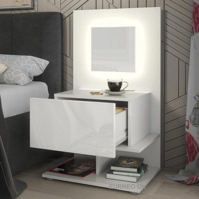 Furneo White Bedside Table Cabinet Nightstand With Drawer & Shelf Matt & High Gloss Clifton 16 With White LED Lights