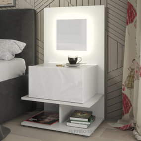 Furneo White Bedside Table Cabinet Nightstand With Drawer & Shelf Matt & High Gloss Clifton16 With White LED Lights