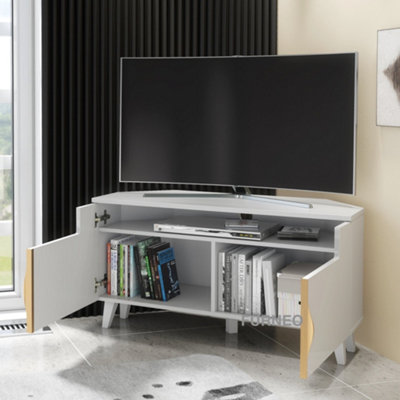 Furneo White Corner TV Stand 100cm Unit Cabinet Matt & High Gloss Azzurro06 Brushed Gold Handles Blue LED Lights