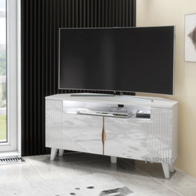 Furneo White Corner TV Stand 100cm Unit Cabinet Matt & High Gloss Azzurro06 Brushed Gold Handles White LED Lights