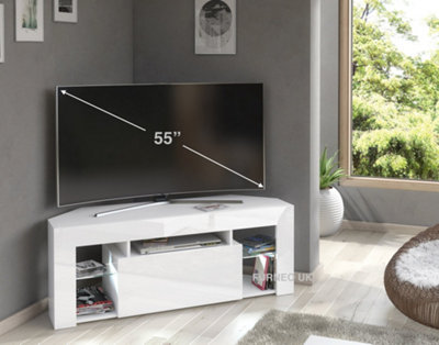 Furneo White Corner TV Stand 125cm Unit Cabinet Matt & High Gloss Milano 05 White LED Lights