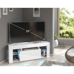 Furneo White Corner TV Stand 125cm Unit Cabinet Matt & High Gloss Milano05 Blue LED Lights