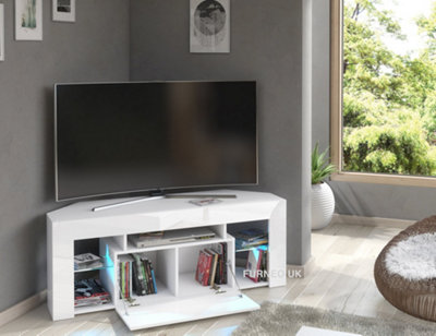 Furneo White Corner TV Stand 125cm Unit Cabinet Matt & High Gloss Milano05 Blue LED Lights