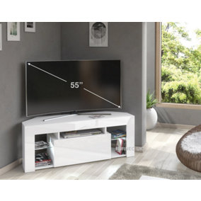 Furneo White Corner TV Stand 125cm Unit Cabinet Matt & High Gloss Milano05 White LED Lights