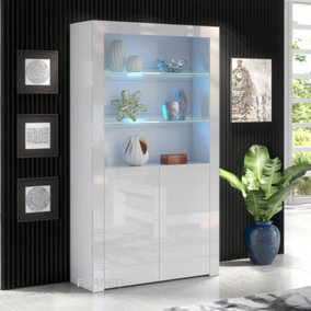 Furneo White Display Cabinet Modern High Gloss &Matt 2-Door Cupboard Blue LED Lights Clifton20