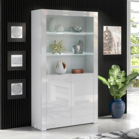 Furneo White Display Cabinet Modern High Gloss &Matt 2-Door Cupboard White LED Lights Clifton20