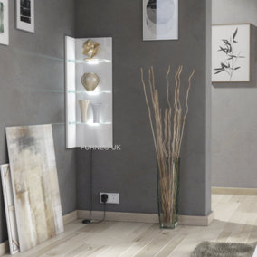 Furneo White Floating Display Cabinet Wall Unit Shelf High Gloss & Matt Clifton09 White LED Lights
