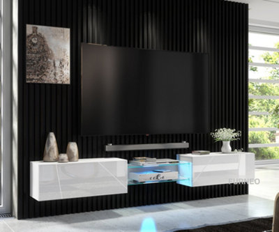 Furneo White Floating TV Cabinet 230cm Wall Unit Modern High Gloss &Matt Art02 Blue LED Lights