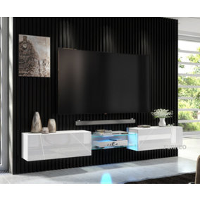 Furneo White Floating TV Cabinet 230cm Wall Unit Modern High Gloss &Matt Art02 Blue LED Lights