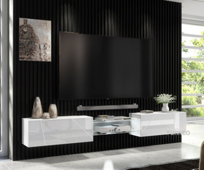 Furneo White Floating TV Cabinet 230cm Wall Unit Modern High Gloss &Matt Art02 White LED Lights