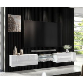 Furneo White Floating TV Cabinet 230cm Wall Unit Modern High Gloss &Matt Art02 White LED Lights