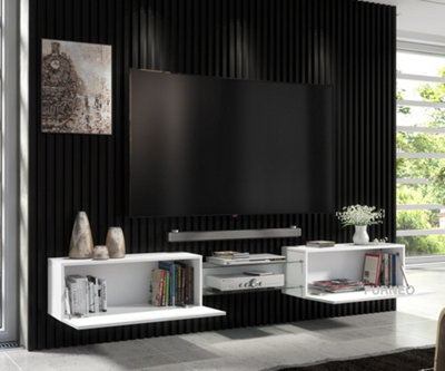 Furneo White Floating TV Cabinet 230cm Wall Unit Modern High Gloss &Matt Art02 White LED Lights