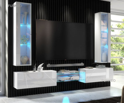 Furneo White Floating TV Unit High Gloss Matt Living Room Set Display Cabinets Art01/02 Blue LED Lights