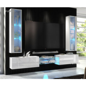 Furneo White Floating TV Unit High Gloss Matt Living Room Set Display Cabinets Art01/02 Blue LED Lights
