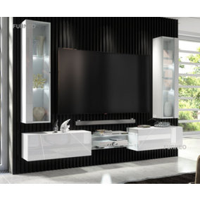 Furneo White Floating TV Unit High Gloss Matt Living Room Set Display Cabinets Art01/02 White LED Lights