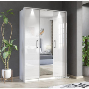 Furneo White Mirrored Wardrobe High Gloss Matt Modern 3-Door Bedroom Storage With LED Lights Platinum 3D