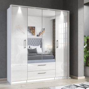 Furneo White Mirrored Wardrobe High Gloss Matt Modern 4-Door 2-Drawer Bedroom Storage With LED Lights Infinity