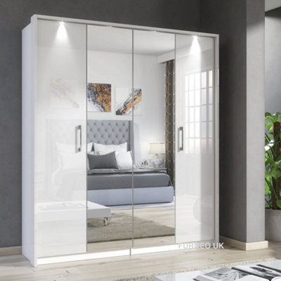 Furneo White Mirrored Wardrobe High Gloss Matt Modern 4-Door Bedroom Storage With LED Lights Platinum 4D