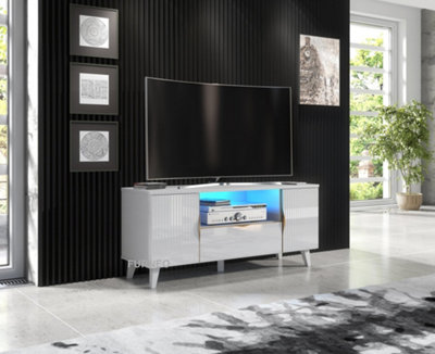 Furneo White TV Stand 120cm Unit Cabinet Matt & High Gloss Azzurro08 Brushed Gold Handles Blue LED Lights
