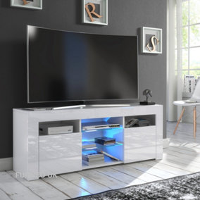 Furneo White TV Stand 120cm Unit Cabinet Matt & High Gloss Puzzo Blue LED Lights