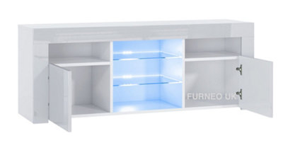 Furneo White TV Stand 120cm Unit Cabinet Matt & High Gloss Puzzo Blue LED Lights