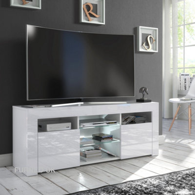 Furneo White TV Stand 120cm Unit Cabinet Matt & High Gloss Puzzo White LED Lights