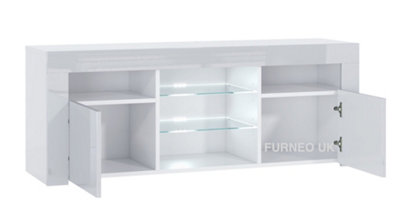Furneo White TV Stand 120cm Unit Cabinet Matt & High Gloss Puzzo White LED Lights
