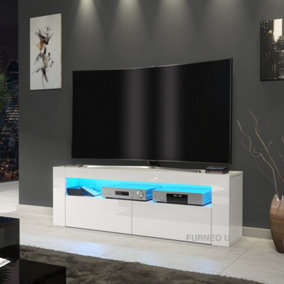 Furneo White TV Stand 125cm Cabinet Unit High Gloss & Matt Clifton03 Blue LED Lights